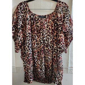 APT. 9 BURGUNDY ANIMAL-PRINT SMOCK-HEM BATWING SHEER SHELL TOP (W/O CAMISOLE)